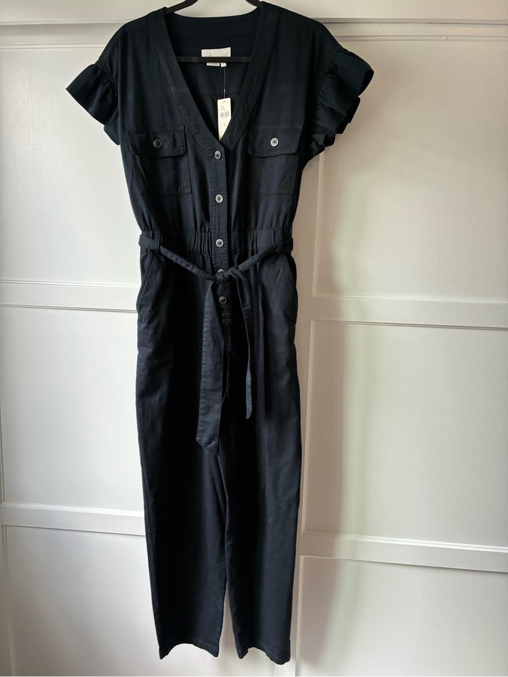NWT Anthropologie Black Belted Button-Front Ruffle Jumpsuit